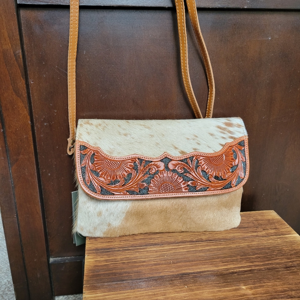 Myra Bag Tan and Cream Hair-on Leather Crossbody with Tooled Floral Flap